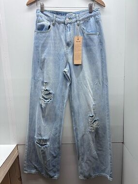 HDLTE Light Blue Distressed Wide-Leg Jeans